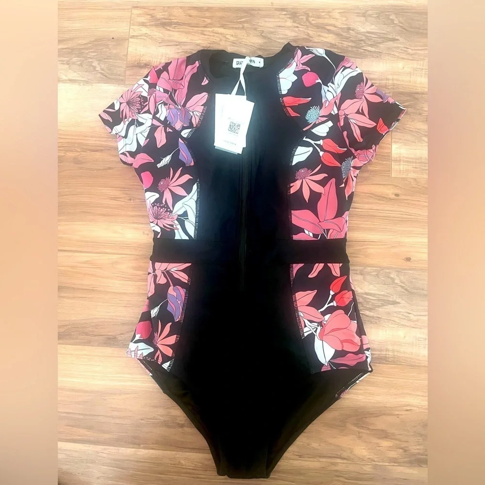 Grace Karin One Piece Swimwear Size M Rashguard Pink Zip Front Bathing Suit NEW